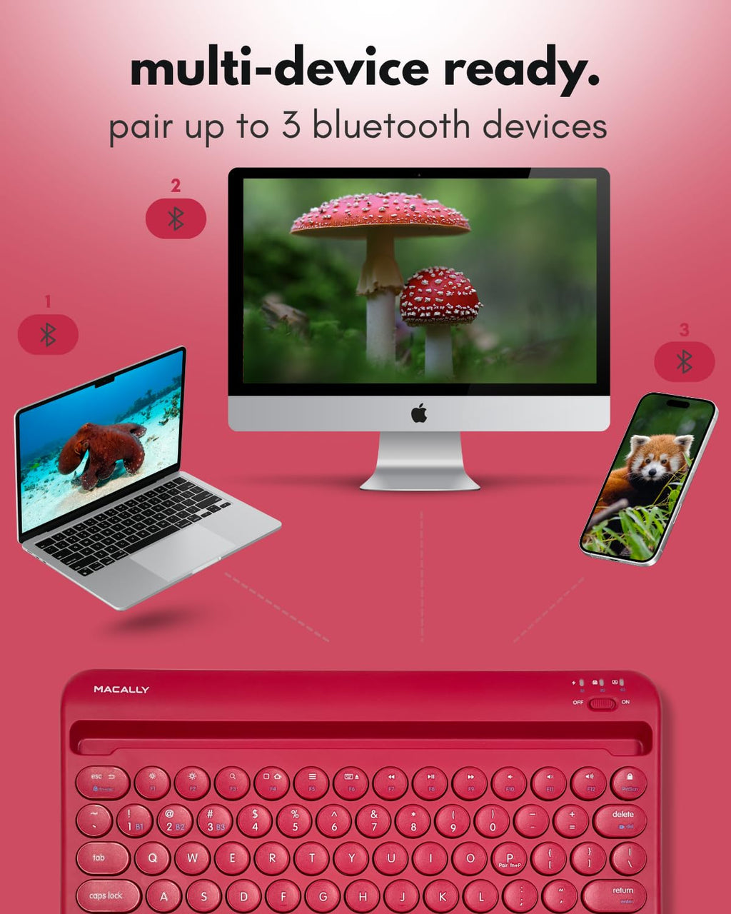 Macally Bluetooth Keyboard for Tablet | Wireless Keyboard for iPad mini/Air/Mini, iPhone (Multi-Device, Built-in Stand, Rechargeable) Easy to Use and Cute Portable