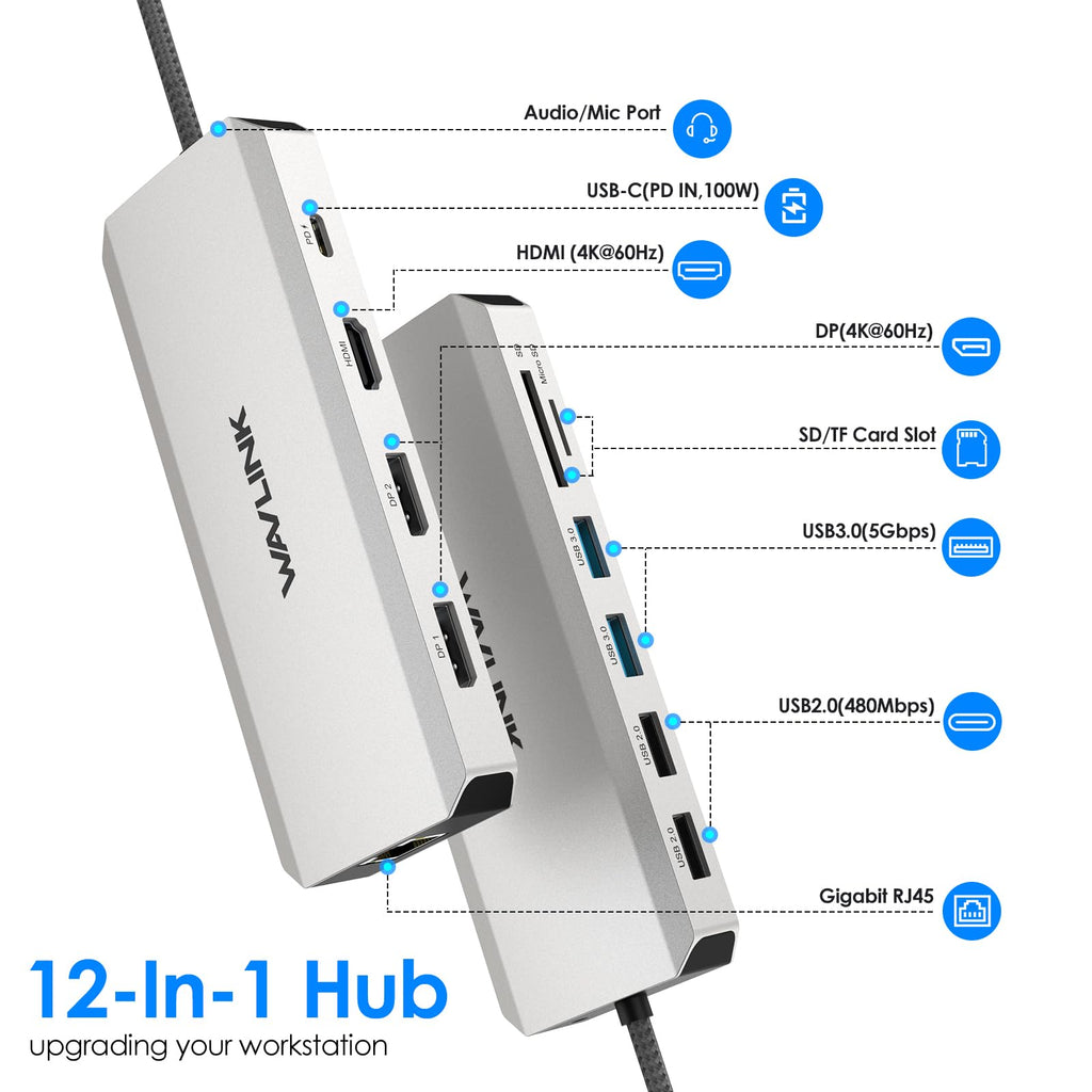 Laptop Docking Station,12 in 1 Triple Display USB C Hub for Windows with Dual DP, HDMI, 100W PD in, Gigabit Ethernet, USB3.0/2.0 Ports, SD/TF Card Reader, Mic/Audio for Lenovo HP Dell