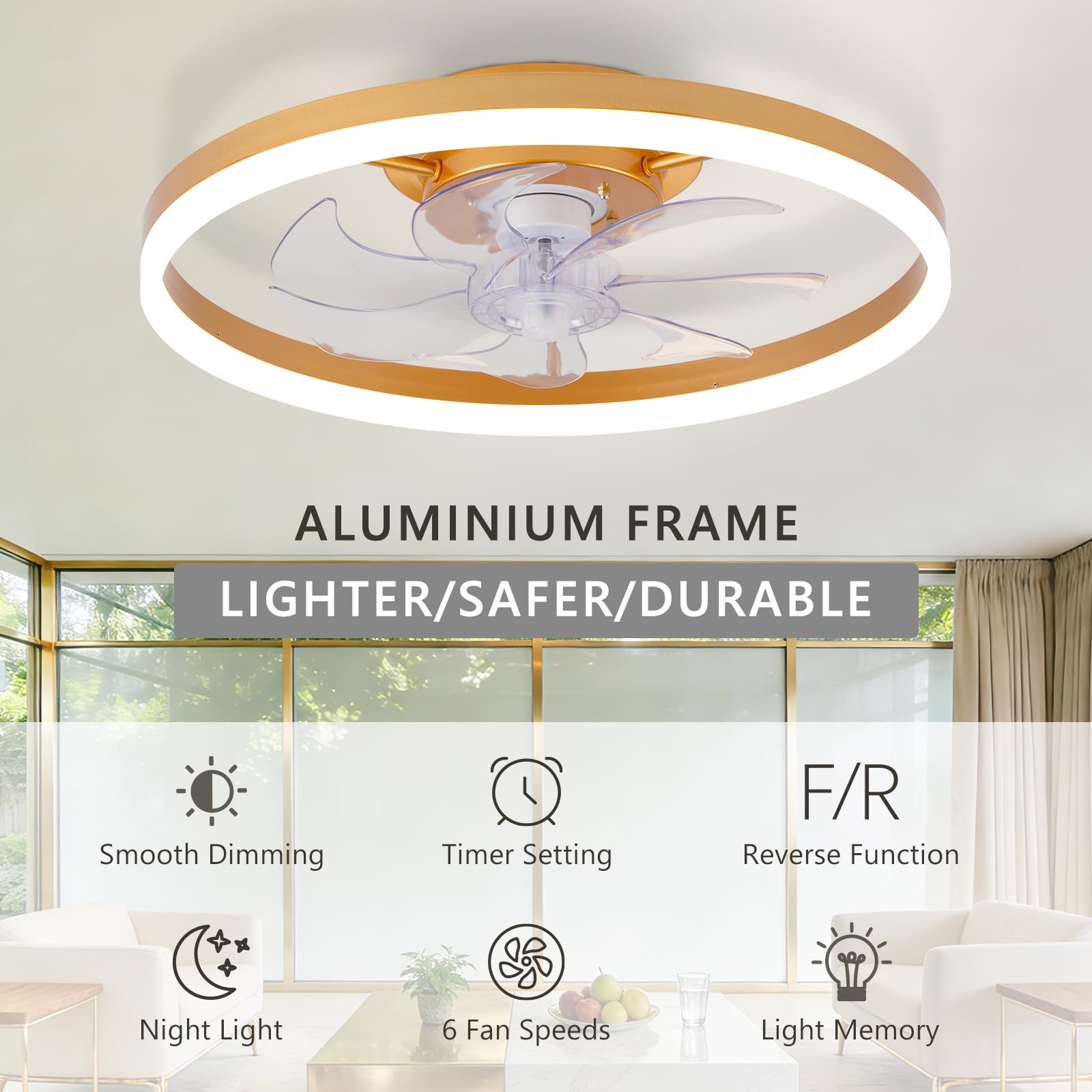 16 Inch RGB Low Profile Ceiling Fans with Lights, Modern Flush Mount Fandelier Chandelier Fixture, Remote & APP Control, Black LED Ceiling Fan Light for Bedroom, Living Room, Kitchen Indoor