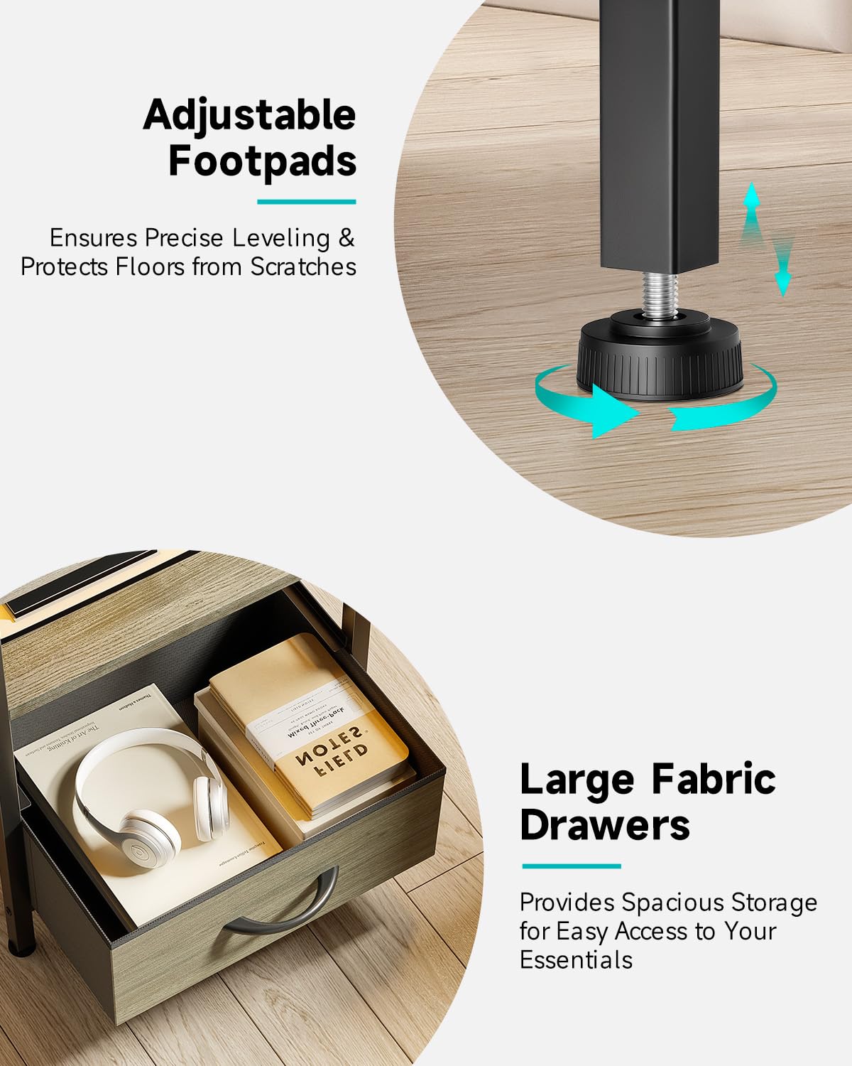 Lazzanto Night Stand Bedside Charger Bedroom - Nightstand with Charging Station & LED Light Strip, Night Stand with Storage Shelf & 2 Fabric Drawers, Morden End Table with U-S-B Ports & AC Outlets