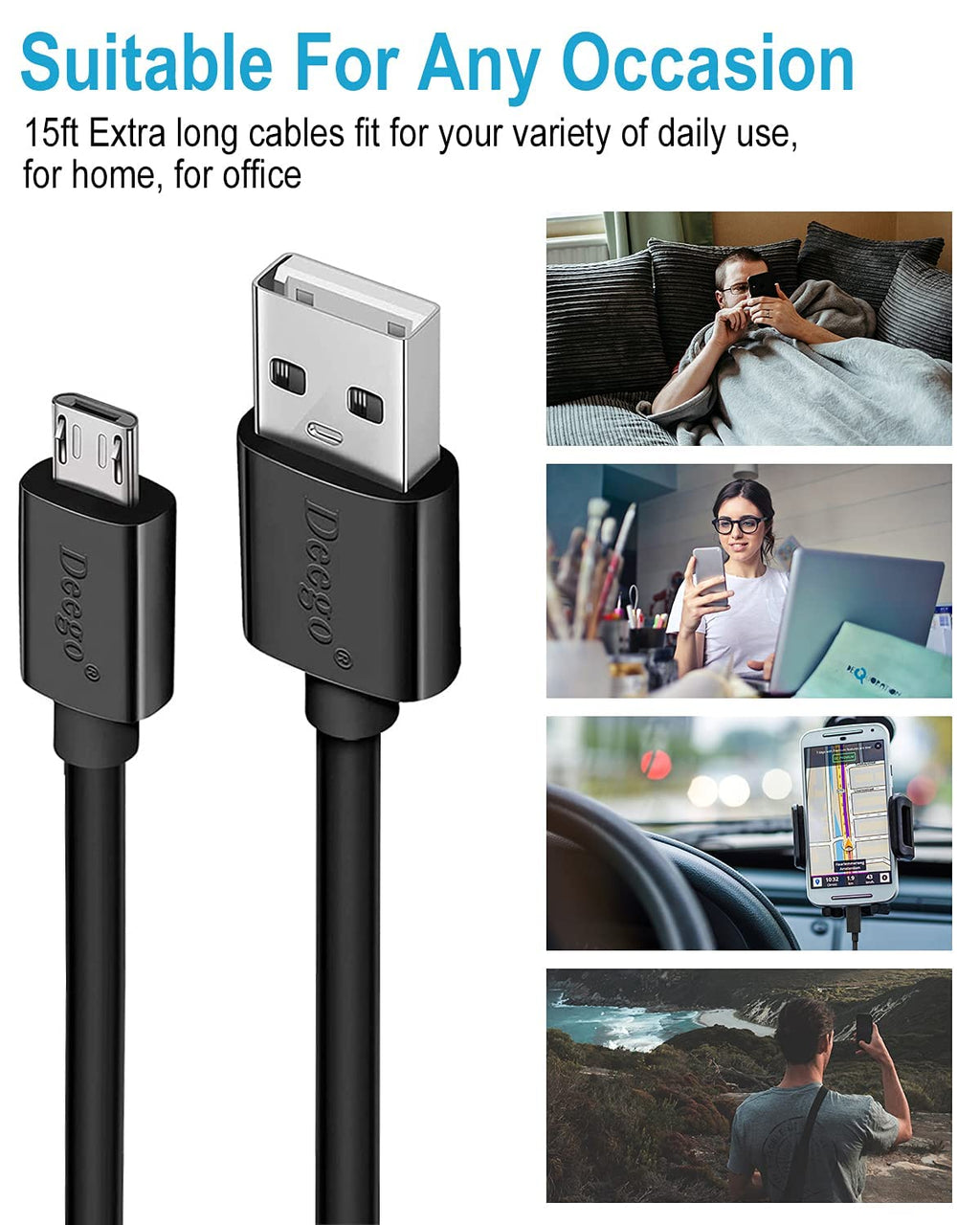 DEEGO Micro USB Cable, 15Ft Extra Long Controller Charger Compatible with PS4, PlayStation 4, Charger Cord Fast Android USB Charging Cable, Black