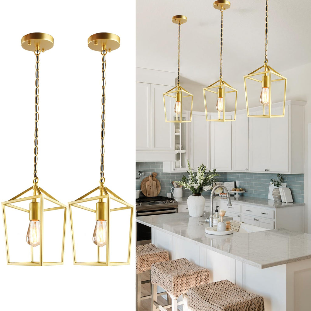Sheetea 2-Pack Gold Pendant Lights Kitchen Island, Modern Mid Century Light Fixtures Hanging Lamp for Kitchen, Farmhouse Kitchen Pendant Lighting Over Island, Metal Cage Design