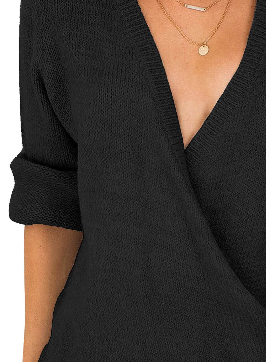 LookbookStore Women's Knit Long Sleeve Faux Wrap Surplice V Neck Sweater Top