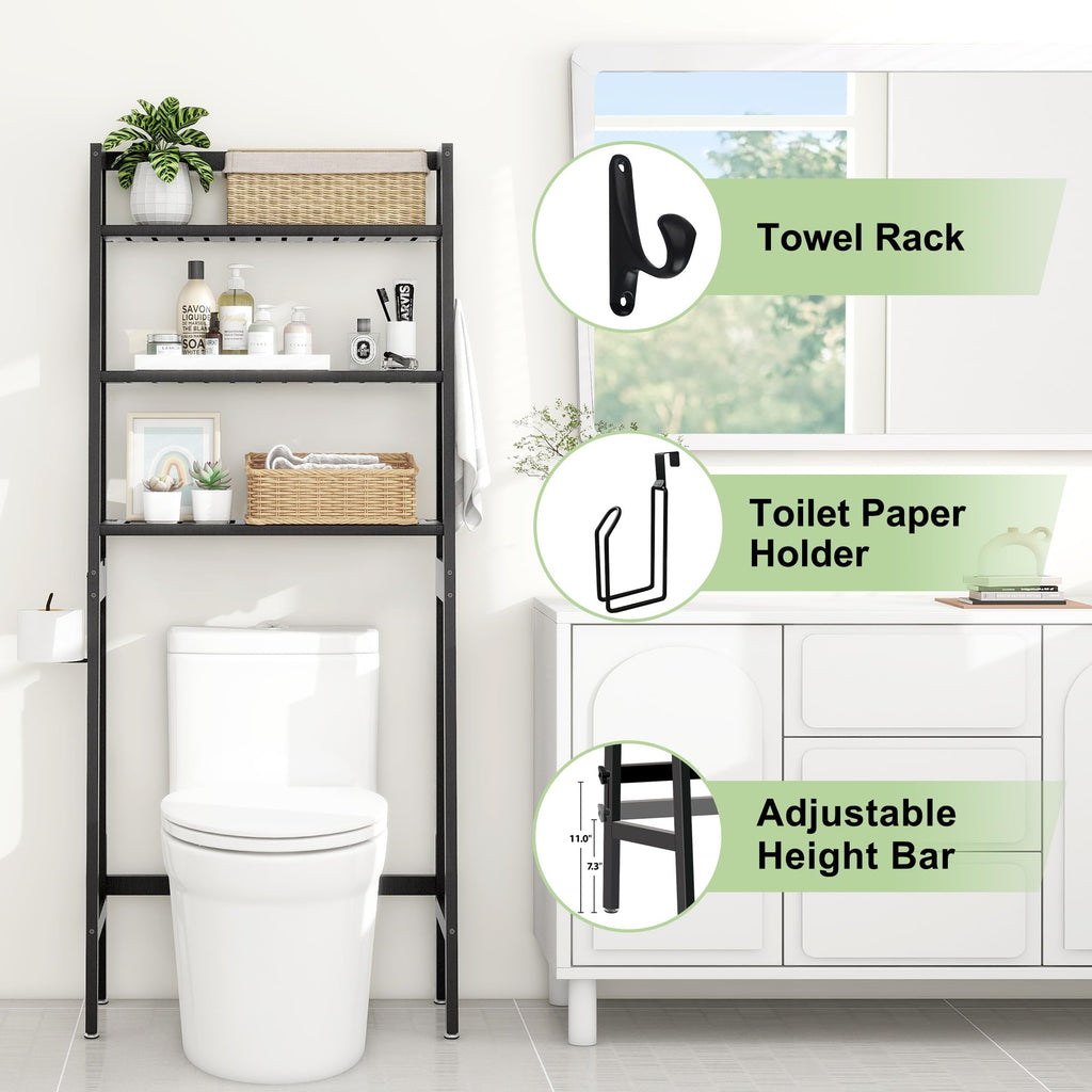 MallKing Over The Toilet Bathroom Organizer, Wooden 3-Tier Over-The-Toilet Storage Rack Bathroom Space Saver Organizer, Freestanding Above Toilet with Toilet Paper Holder and Hooks (Black)