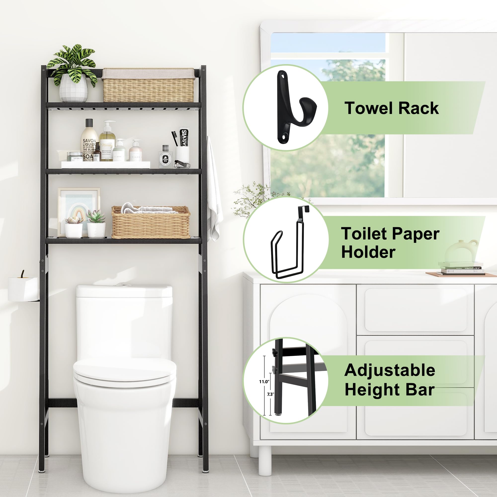 MallKing Over The Toilet Bathroom Organizer, Wooden 3-Tier Over-The-Toilet Storage Rack Bathroom Space Saver Organizer, Freestanding Above Toilet with Toilet Paper Holder and Hooks (Black)