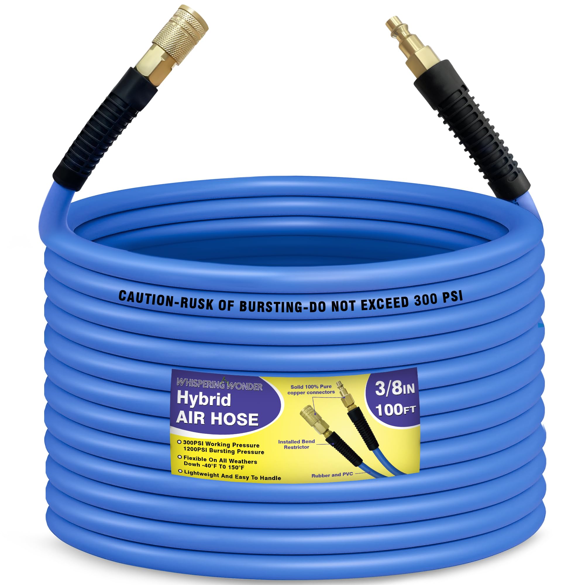 Air Compressor Hose 1/2 in, 300 PSI Heavy Duty Hybrid Air Hose with Quick Coupler and Plug Kit, Lightweight, Kink Resistant, All Weather Flexibility with Bend Restrictors, 6 Feet