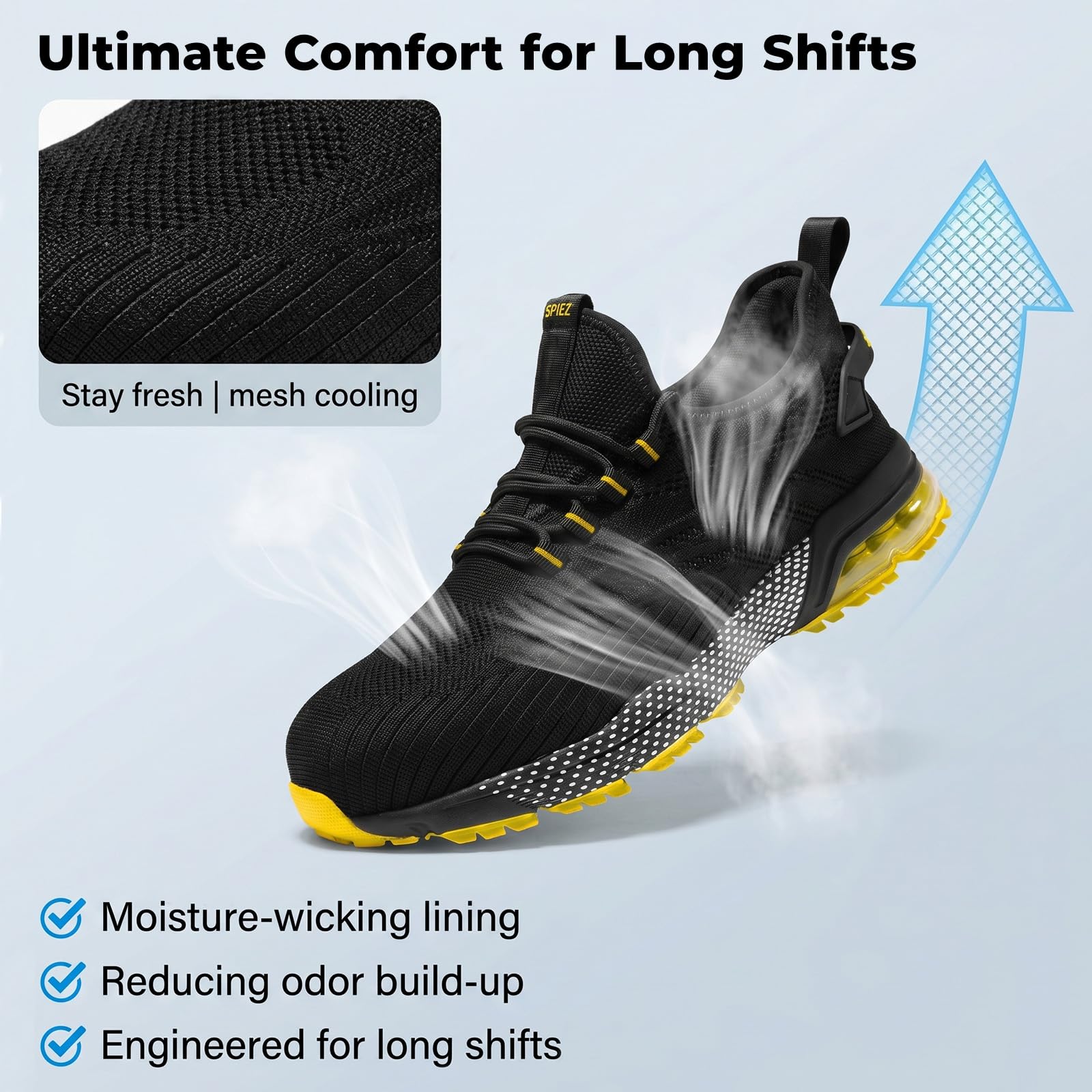 SPIEZ Composite Toe Shoes for Men Women, Lightweight Breathable Non Steel Toe Safety Shoes, Puncture Proof Slip Resistant Work Sneakers for Construction,Warehouse,Black Blue/Black Yellow