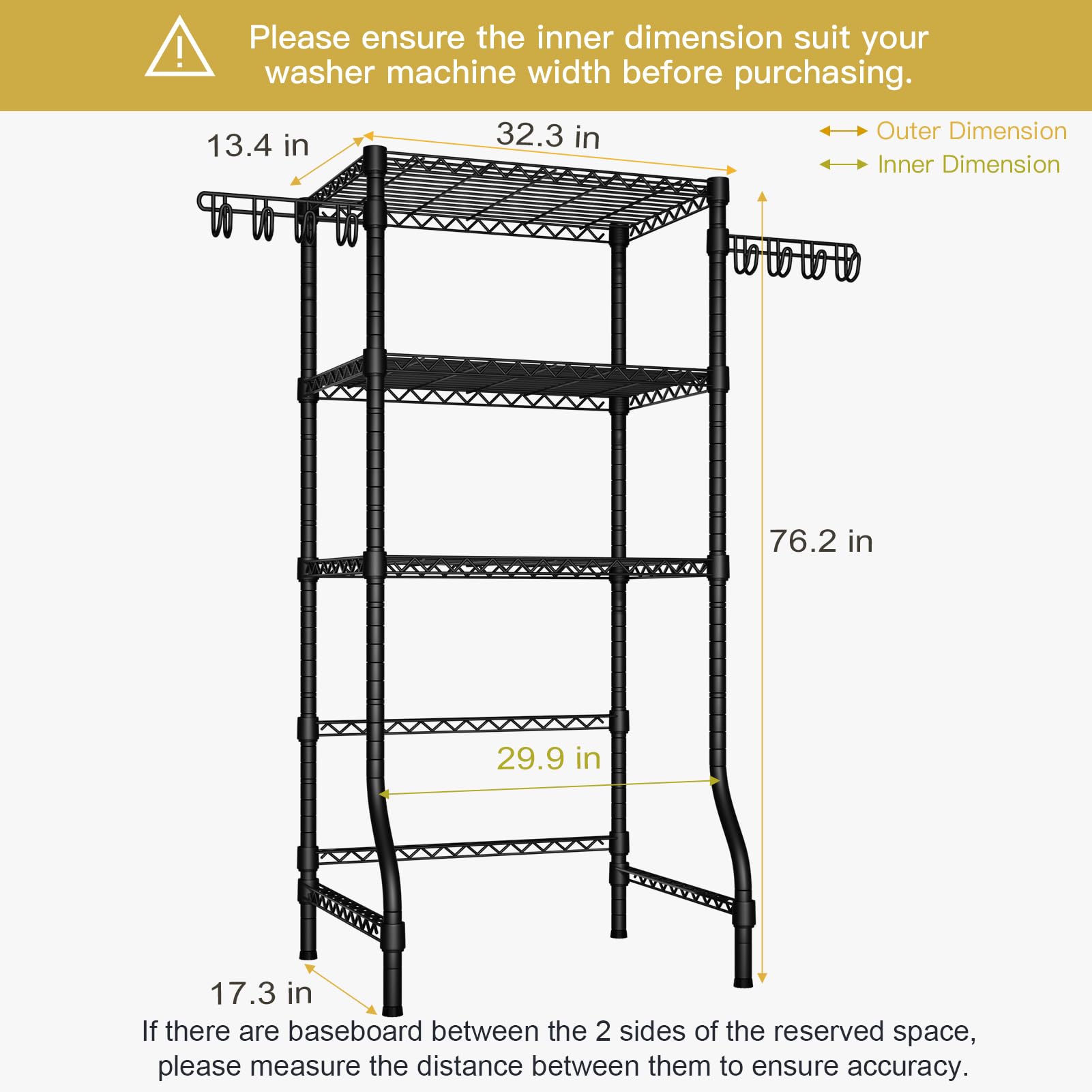 Ulif U8 Medium Laundry Room Storage Organizer, Over the Washer and Dryer Storage Shelves for Laundry Organization, 32.3”W x 17.3”D x 76.2”H, Suit Washing Machine Width within 29.9”, Hold 304 lb, Black