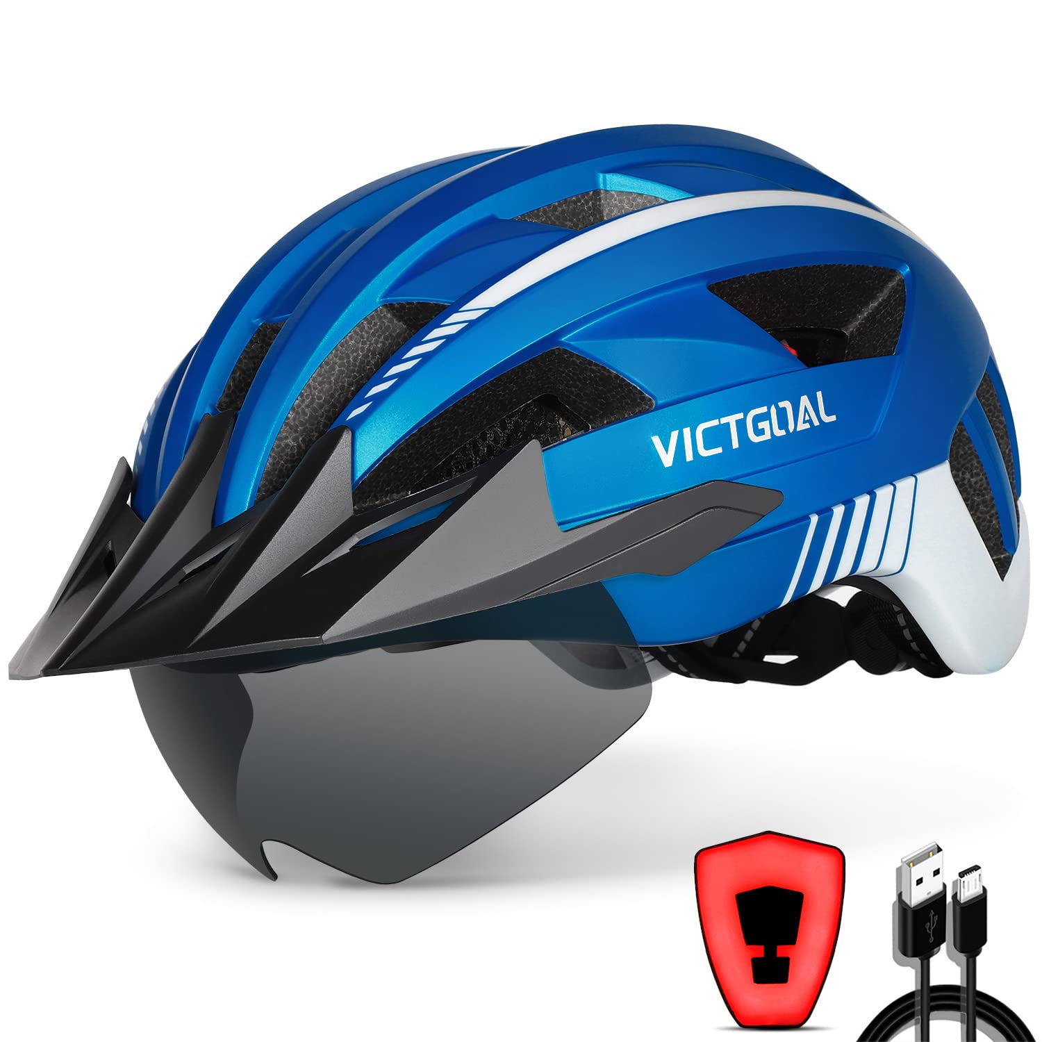 VICTGOAL Bike Helmet with USB Rechargeable Rear Light Detachable Magnetic Goggles Removable Sun Visor Mountain & Road Bicycle Helmets for Men Women Adult Cycling Helmets
