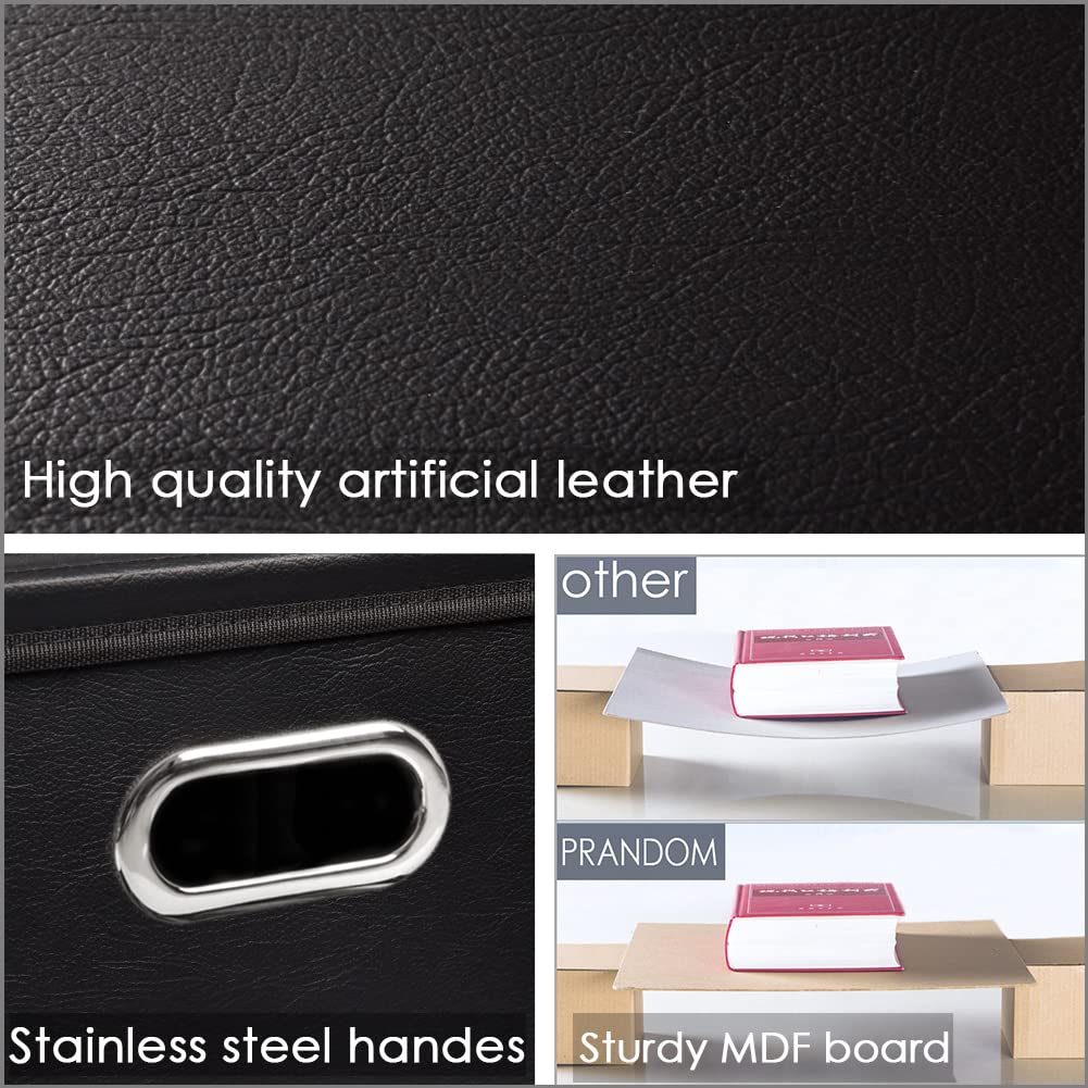 PRANDOM Leather Foldable Cube Storage Bins 11x11 inch [4-Pack] Fabric Storage Baskets Cubes Drawer with Cotton Handles Organizer for Shelves Nursery Closet Bedroom Clothes Black
