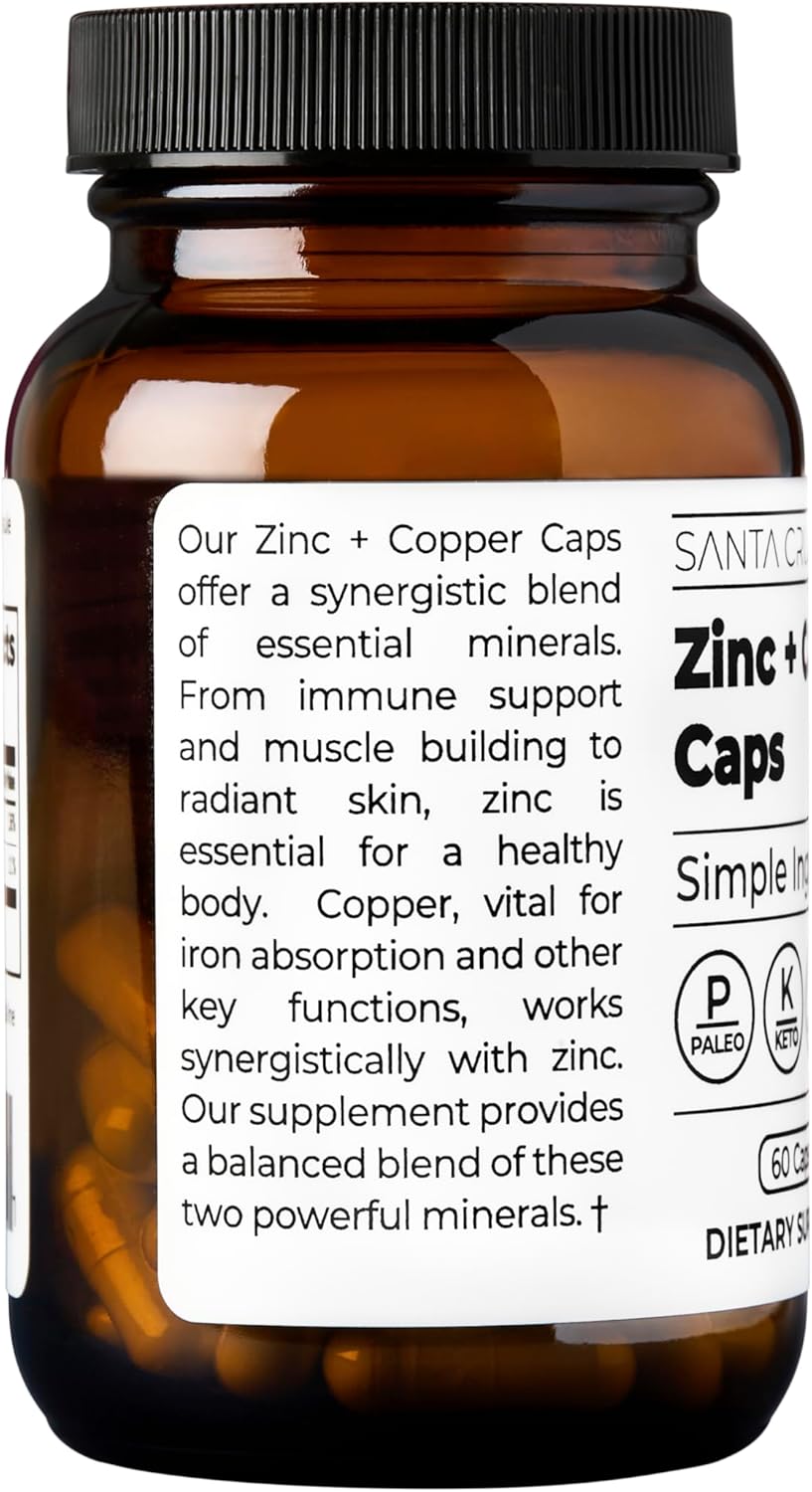 Santa Cruz Paleo, Zinc & Copper Mineral Supplement, High Absorption Formula, Zinc Supplement for Skin & Hair, L Methionine, Copper Gluconate, Trace Minerals, Gluten Free, Keto, Paleo, 60 Capsules