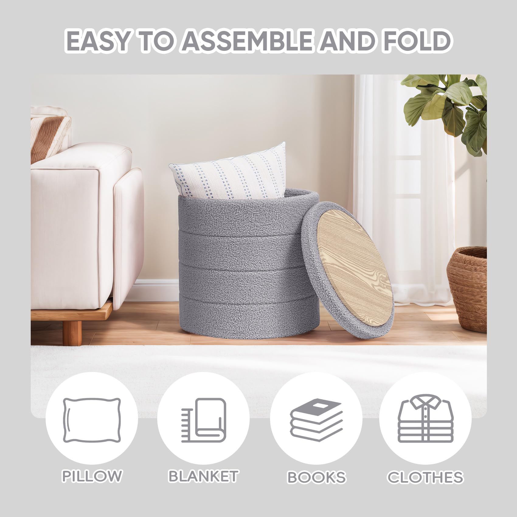 PINPLUS Round Storage Ottoman Foot Rest Stool with Tray Velvet Sherpa Folding Storage Ottoman,Boucle Foot Rest for Living Room, Bedroom, Dorm（Beige）