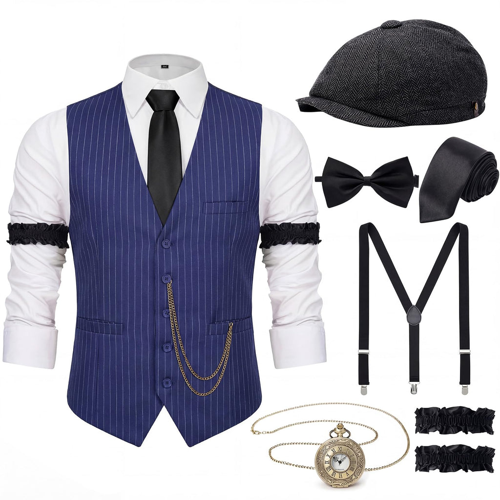 YESSA 1920s Mens Costume,Roaring 20s Costumes for Men,Gatsby Costume Men,1920s Mens Outfit Hat Vest Pocket Watch Tie
