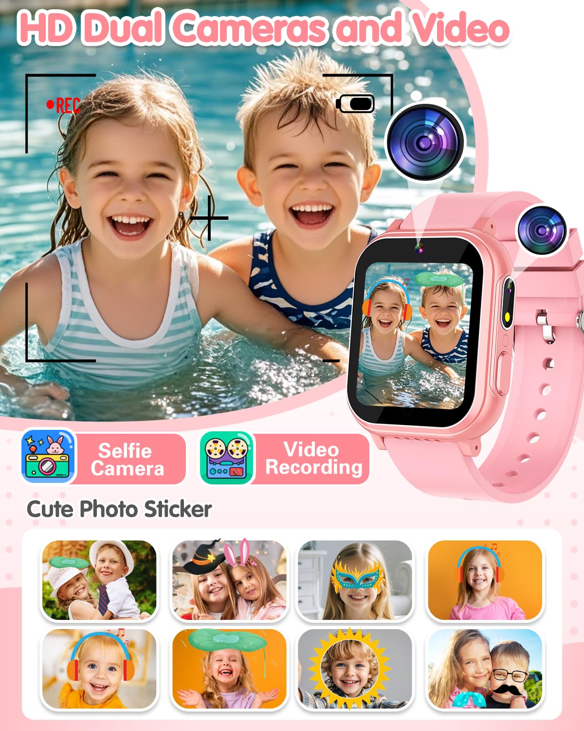 Kids Waterproof Smart Watch Boys Toys Age 5-12 with 32 Games, Dual Camera, Habit Tracking, Music Player, Video, Alarm Clock, HD Touchscreen Watch for Kids Birthday Gift for 3-12 Years Old Boys(Black)