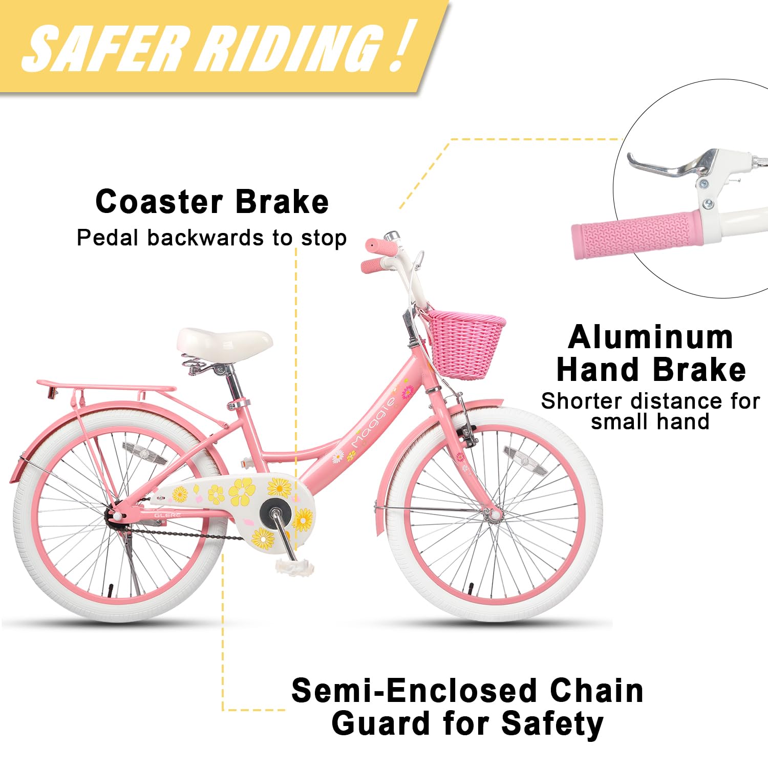 Glerc Maggie Girls Bike, 12-20 Inch Kids Bike for 2-13 Years Old Children, Princess Style Kids Bicycle with Doll-Seat & Basket & Training Wheels, Multiple Colors