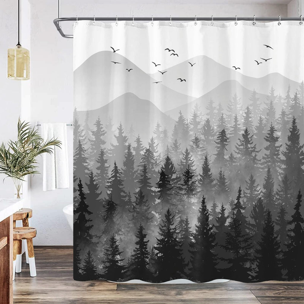 Stall Small Black and White Misty Forest Shower Curtain Ombre Gray Grey Mountain Pine Tree Waterproof Fabric Shower Curtains for Bathroom Nature Woodland Decorative Bath Curtain Decor 36×72 Inches