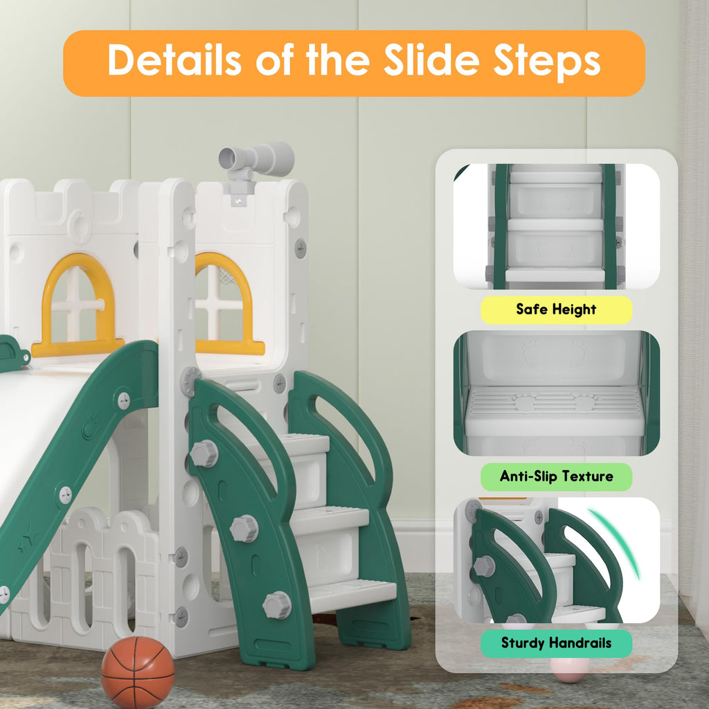 LulliSpace 6 in 1 Toddler Slide,Kids Playset for Toddlers Indoor Outdoor, Baby Slide with Basketball Hoop, Telescope & Storage Space,Non-Slip Steps for Great Gift