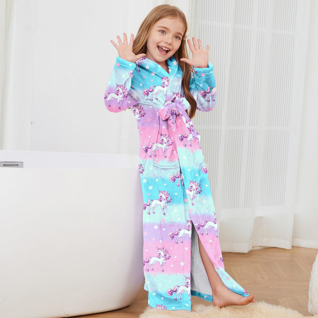 Jxstar Girls Bathrobes Kids Long Hooded Robes Plush Full Length Coral Fleece Pajamas Sleepwear