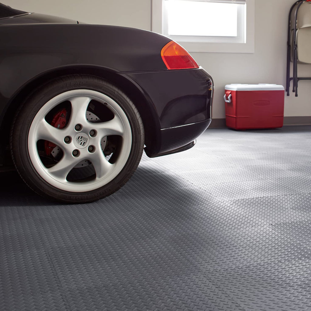 VersaTex Garage Floor 18 x 18 inch Square Rubber Diamond Plate Interlocking Floor Tiles for Home Gym, Garage Flooring, Trade Show Flooring, Basement Tiles, 24 Pack (Black)