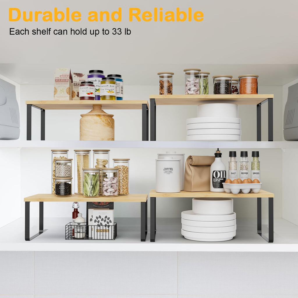 OGEMXU Cabinet Shelf Organizers, 15.7 inches Large Kitchen Counter Shelf, Set of 2 Wood Kitchen Pantry Organizer, Storage Shelves for Countertop, Spice Rack, Stackable, Expandable, Metal Black, Brown
