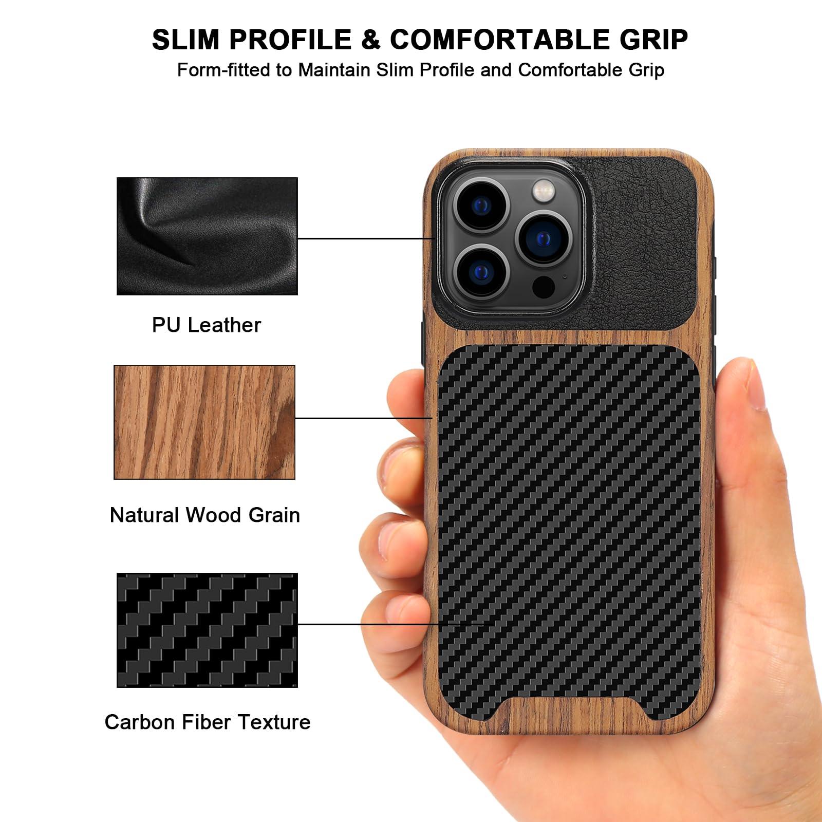 TENDLIN Compatible with iPhone 15 Case Wood Grain with Carbon Fiber Texture Design Leather Hybrid Slim Case (Black)