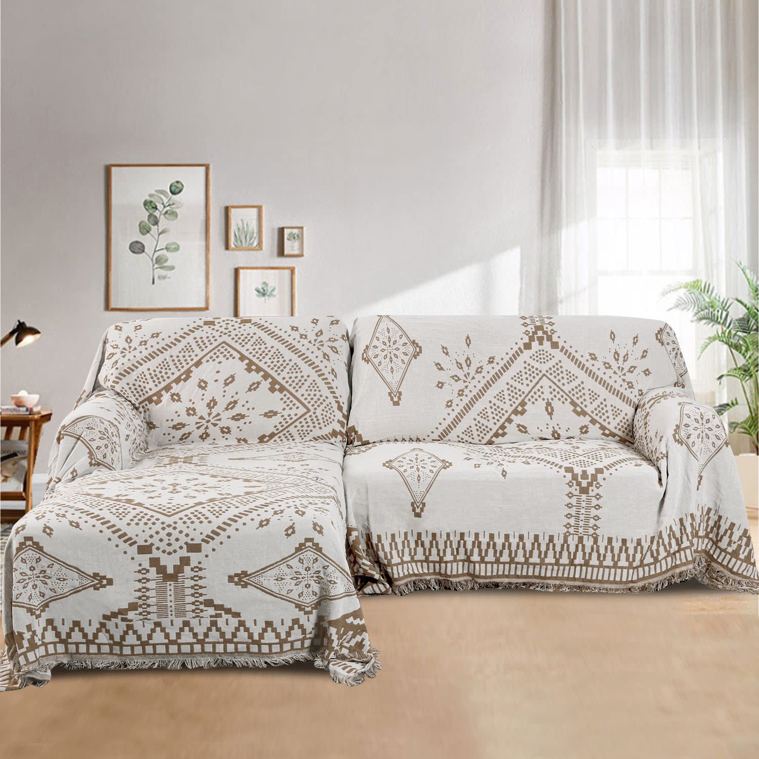 H.VERSAILTEX Cotton Sofa Covers Couch Cover Sofa Slipcover for Most Shape Sofas, Feature Thick Woven Jacquard Seamless with Tassels, Multi-Use Decorative for Couch (Medium: 71" x 91", Green)