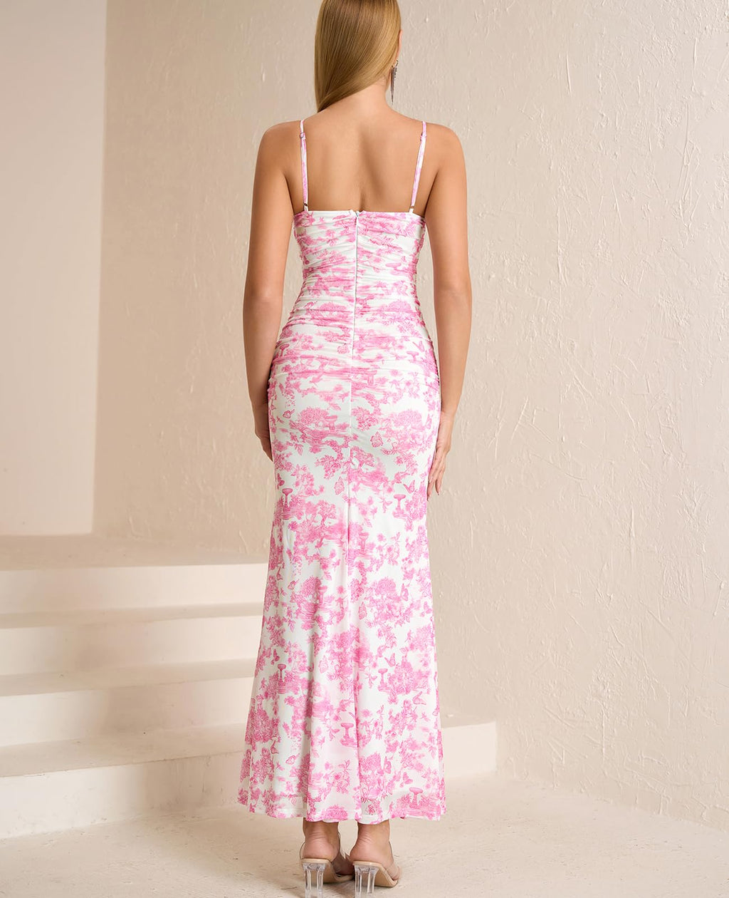 GLNEGE Women's Floral Wedding Guest Formal Maxi Dress Bodycon Spaghetti Strap V Neck Elegant Cocatail Dresses