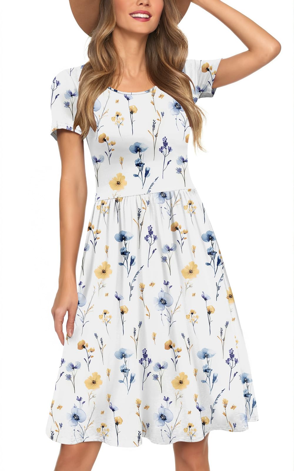 Womens Short Sleeve Empire Waist Dresses Casual Summer Dress with Pockets