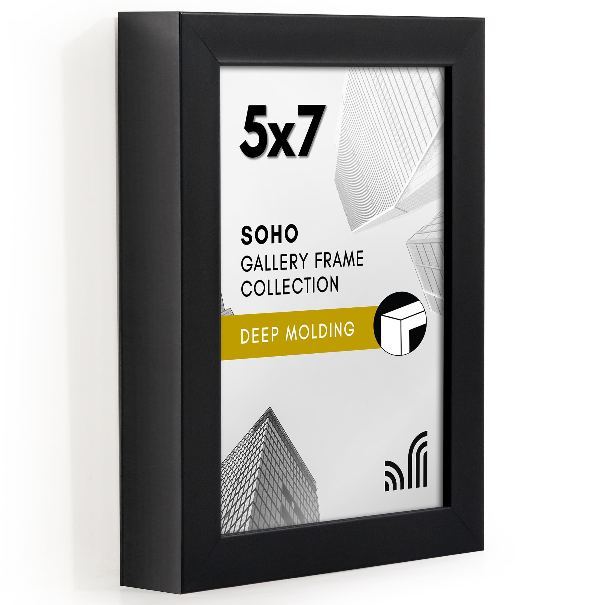 Americanflat 5x7 Picture Frame with Shatter-Resistant Glass - Soho Collection - Gallery Style Deep Molding Picture Frames for Tabletop and Wall Display - Black