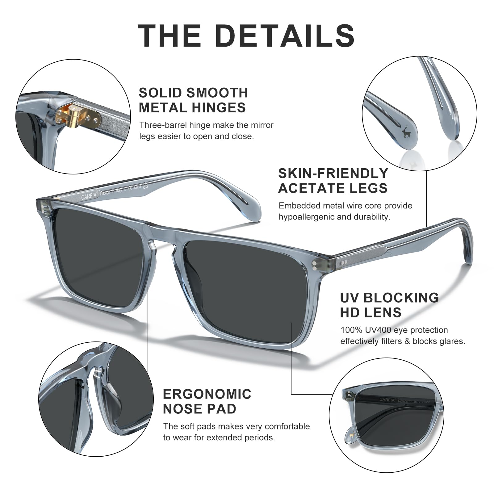 CARFIA Retro Polarized Sunglasses for Men UV Protection Hand-crafted Acetate Frame Fashion Cool Sun Glasses CA53572