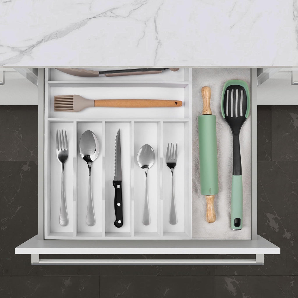 Expandable Acacia Kitchen Drawer Organizer for Cutlery and Utensils, Adjustable Acacia Wood Cutlery Tray in Drawer for Flatware and Silverware in Kitchen