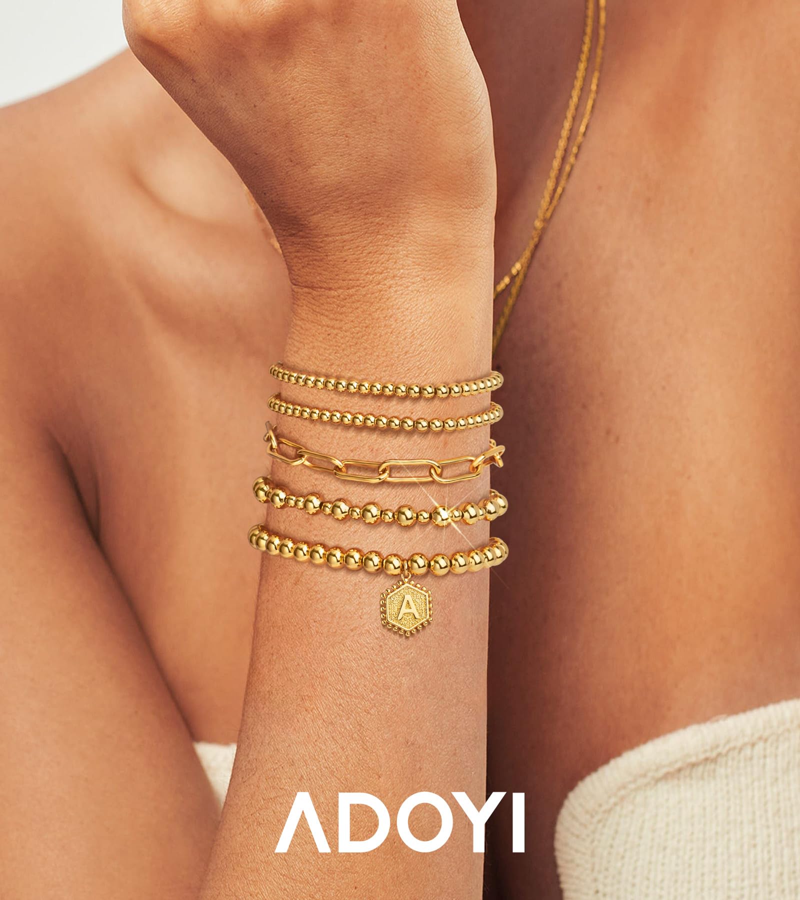 adoyi Gold Bracelets for Women Waterproof, 14K Gold Plated Beaded Strand Bead Ball Bracelets stack Adjustable Jewelry Set for Gifts