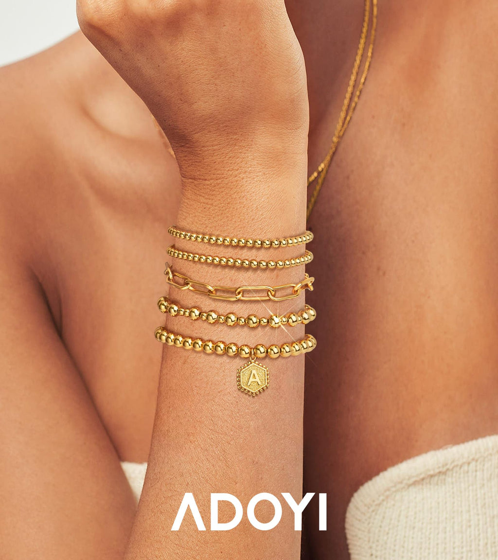 adoyi Gold Bracelets for Women Waterproof, 14K Gold Plated Beaded Strand Bead Ball Bracelets stack Adjustable Jewelry Set for Gifts