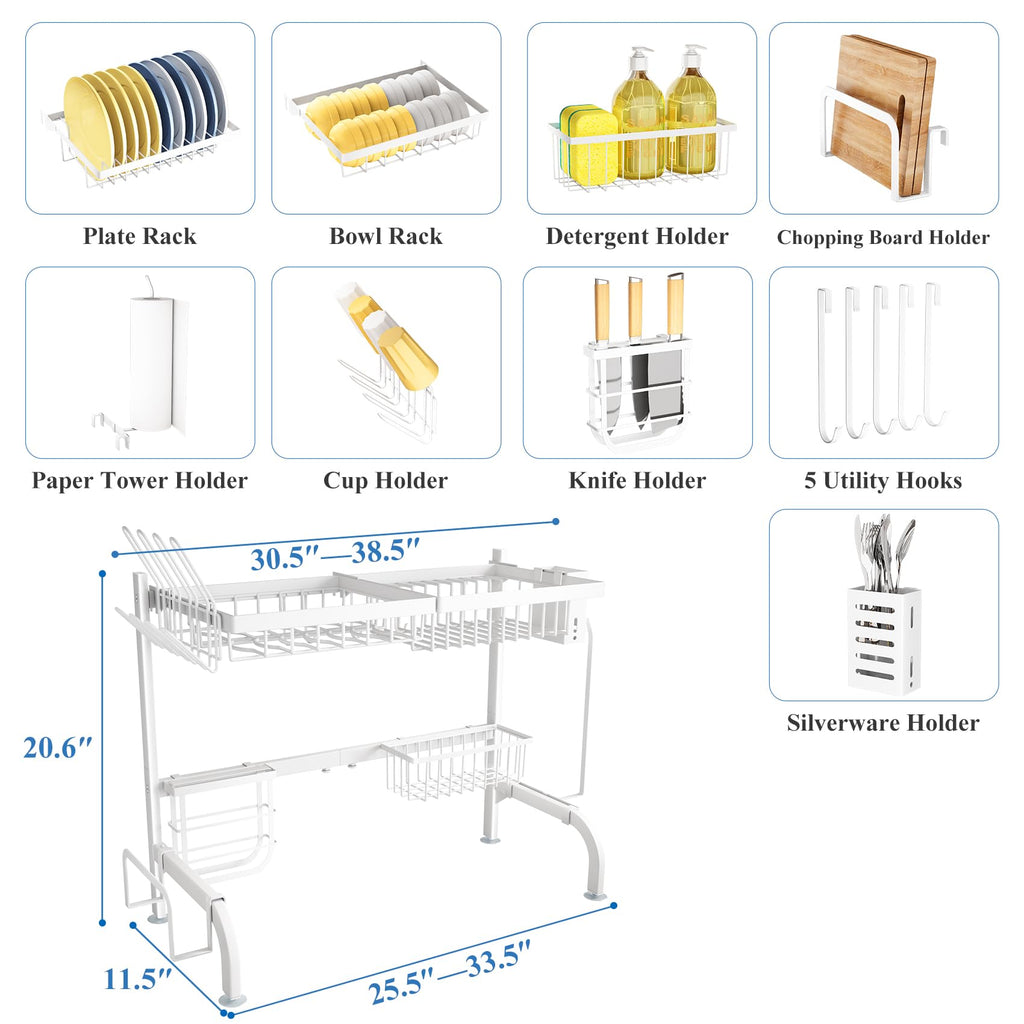 SAYZH Over the Sink Dish Drying Rack, Adjustable (25.5 to 33.5 inch) 2 Tier Metal Steel Dish Drying Racks for Kitchen Counter with Hooks Paper Towel Utensil Cup Holder Sink Caddy (Black)
