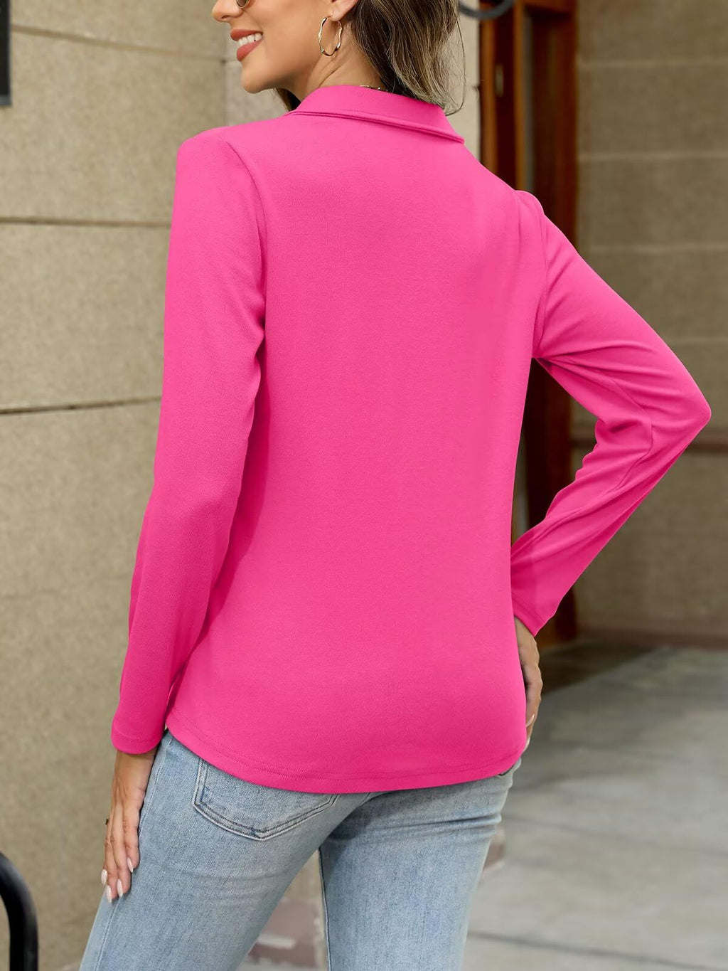 ORANDESIGNE Women's Long Sleeve Polo Shirts Casual Color Block V Neck Tops Fall Collar Ladies Tunics Tees