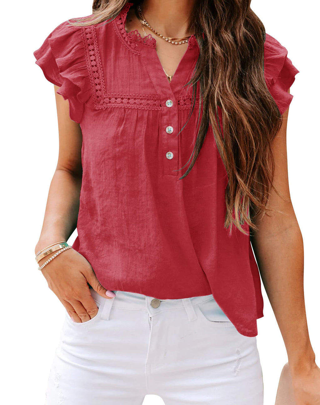Women's V Neck Lace Crochet Shirts Button Down Short Sleeve Casual Blouse Tops