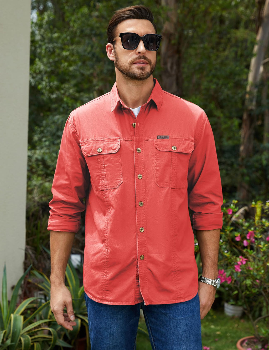 Eisctnd Men's Long Sleeve Cotton Work Shirt Casual Loose Fit Button Down Shirts with 2-Pocket for Outdoor Safari