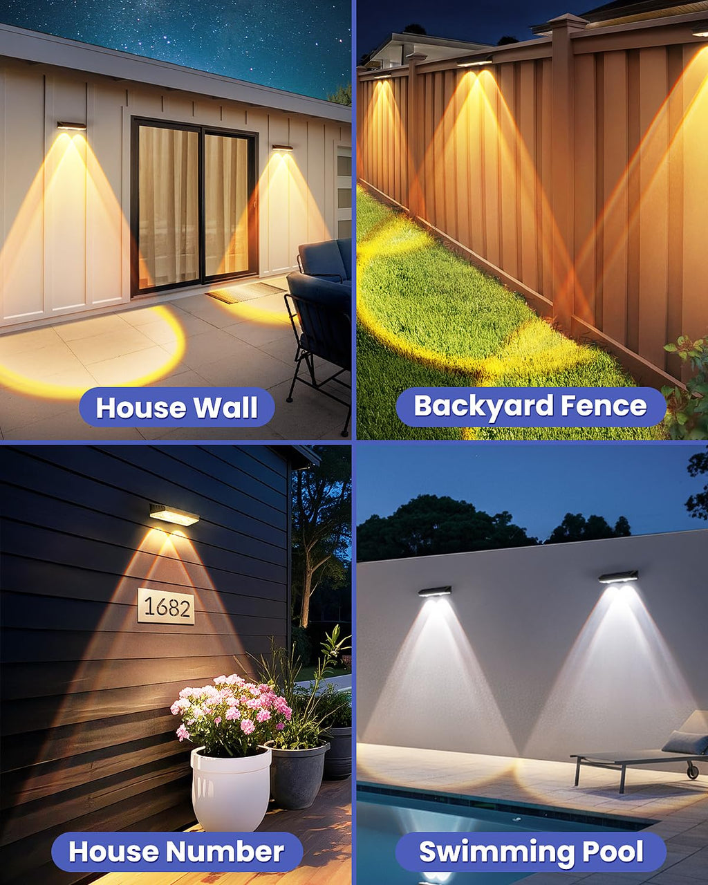 Solar Fence Lights Outdoor, 2 Pack Warm/Neutual/Cool White Fence Solar Lights with 2 LED, IP65 Waterproof, Backyard Patio Decor for Deck, Wall, Railing, Pool, Stair
