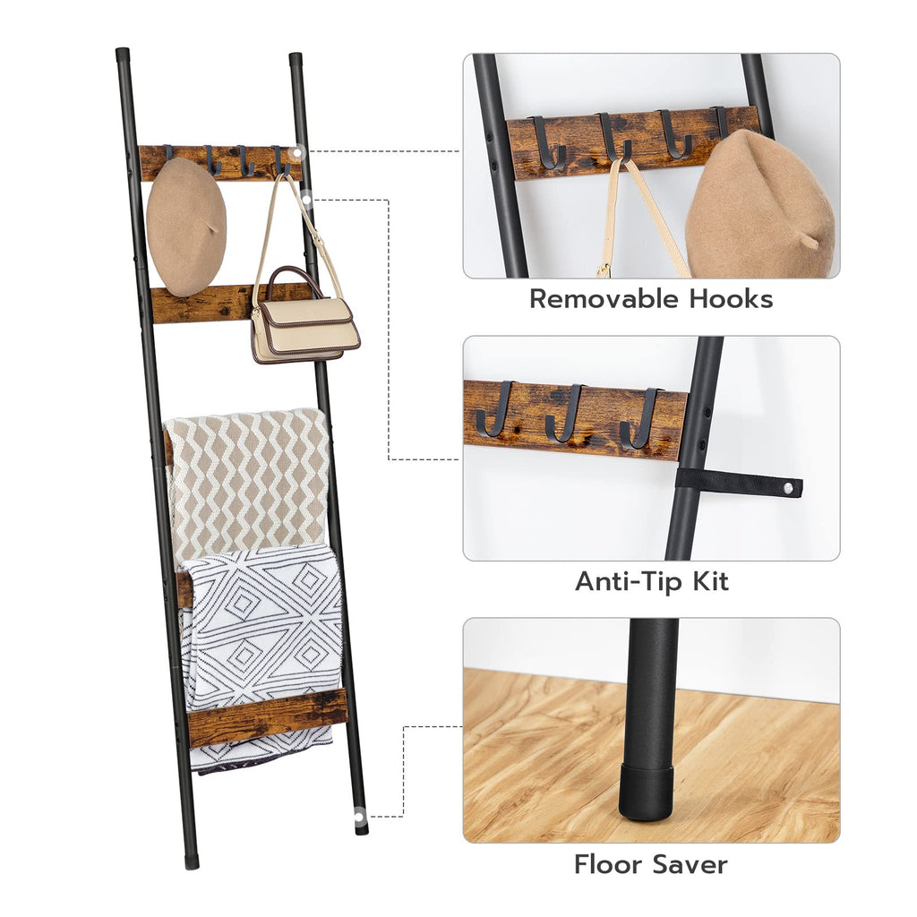 HOOBRO Blanket Ladder, 5-Tier Towel Rack with Hooks, Wall-Leaning Blanket Rack, Decorative Display Ladder Shelf, Scarves, Industrial, Living Room, Bedroom, Black BB52CJ01