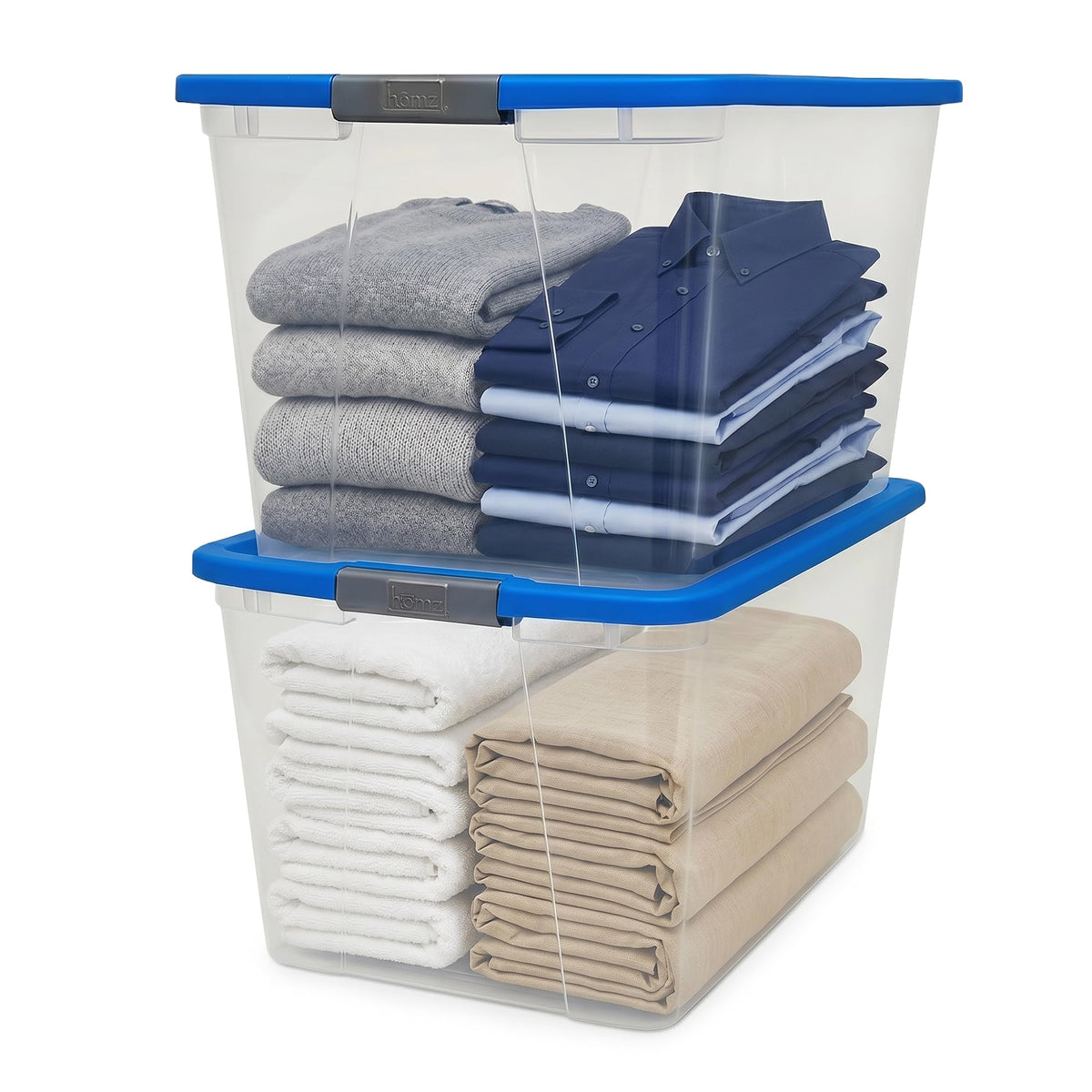 HOMZ 4-Pack Secure Latch, Clear Plastic Storage Organizer Bins, 15 Quart, Gray Lid - Stackable Container Boxes for Bedroom, Bathroom, Garage, and Office Organization
