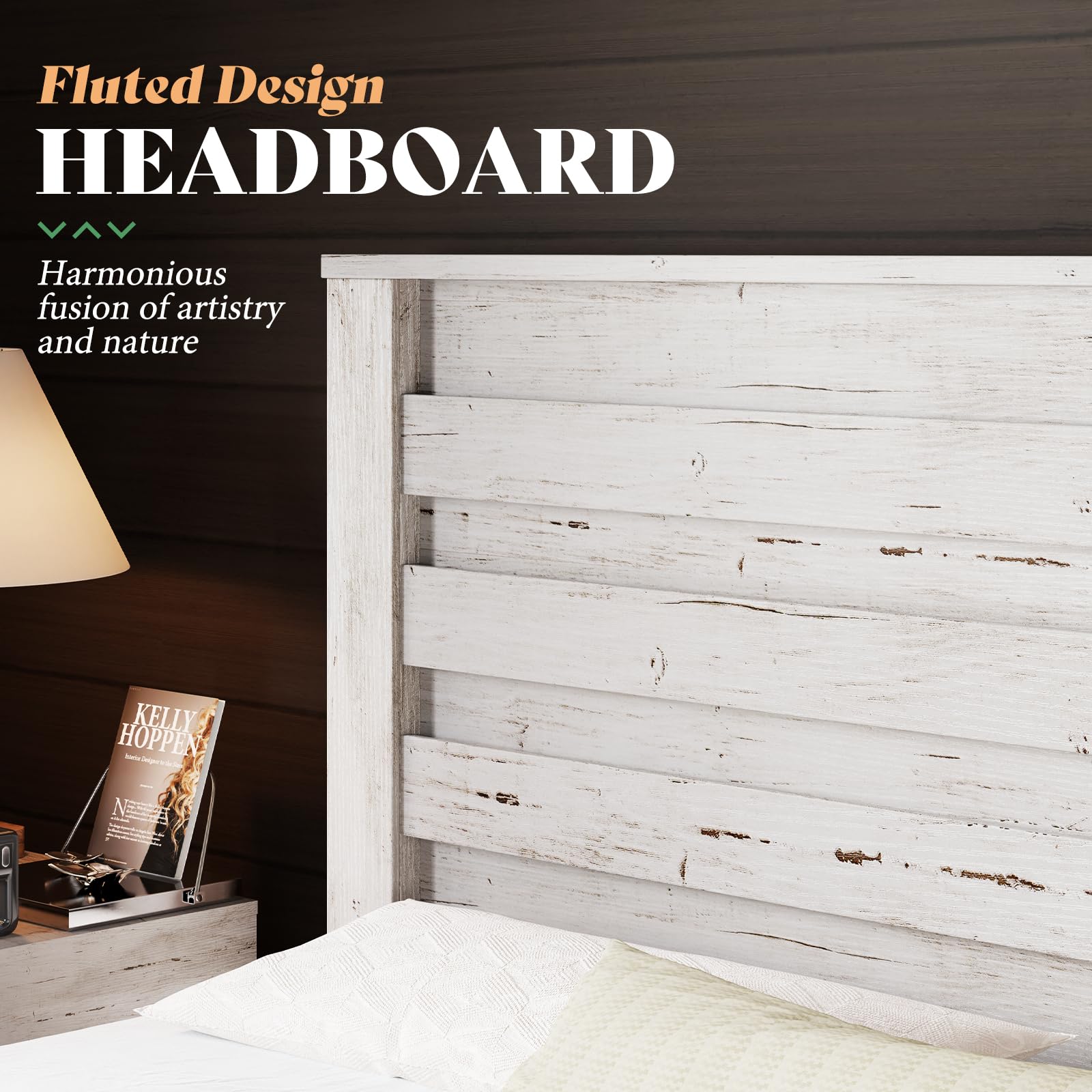 AMERLIFE Farmhouse Full Size Bed Frame with 49" Fluted Headboard, Wood Platform Bed with Natural Grain, No Box Spring Needed/Noise Free, Black
