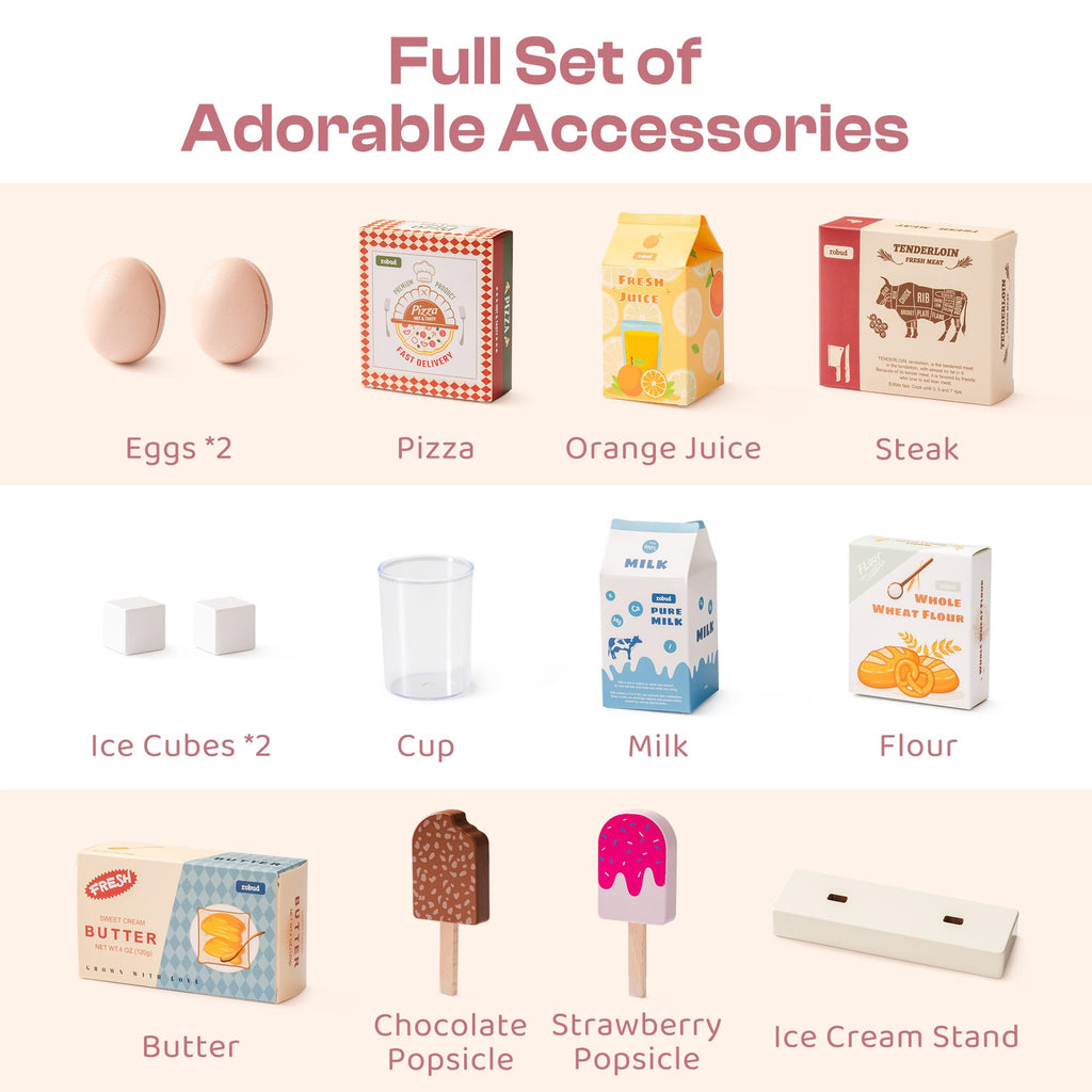 ROBUD Wooden Play Kitchen Fridge, Toy Kitchen Refrigerator, Kids Fridge Freezer Set with Ice Maker, Kitchen Playset Gift for Kids & Toddlers, Age 3+ (Caramel)