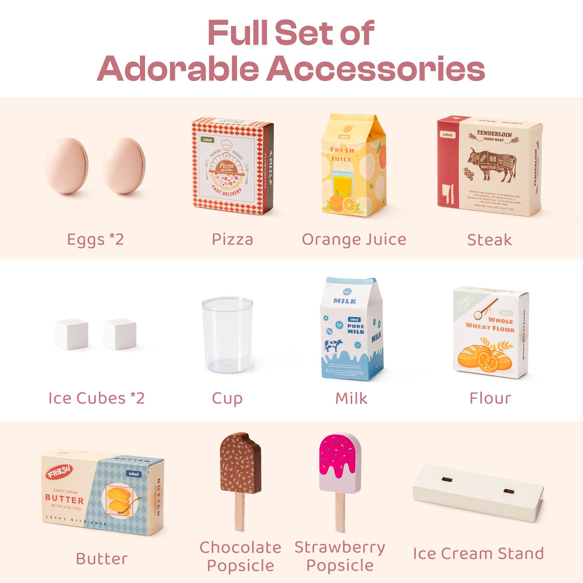 ROBUD Wooden Play Kitchen Fridge, Toy Kitchen Refrigerator, Kids Fridge Freezer Set with Ice Maker, Kitchen Playset Gift for Kids & Toddlers, Age 3+ (Caramel)