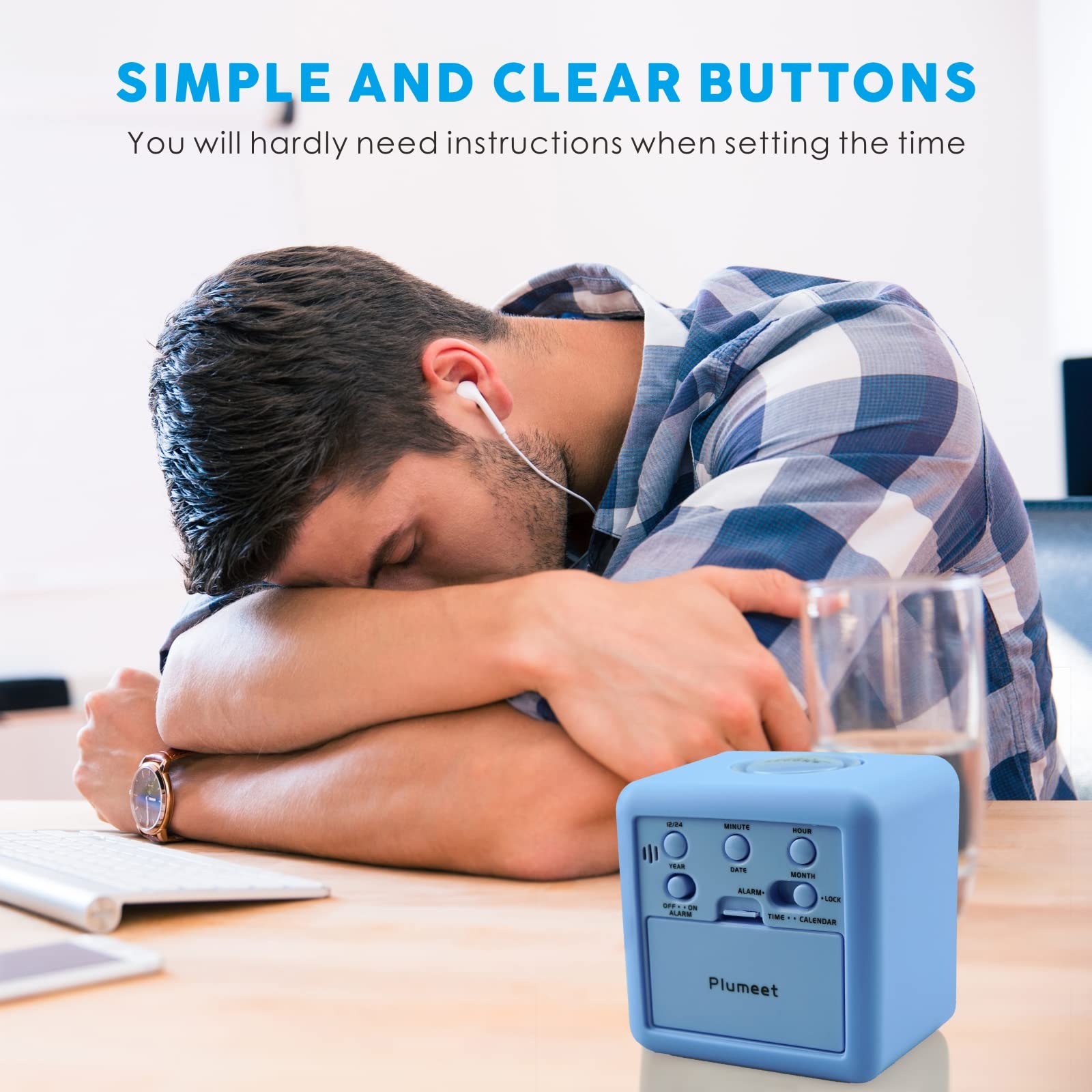 Plumeet Digital Alarm Clock Kids Clock with Snooze and White Nightlight - Easy Setting Travel Alarm Clocks Display Time, Date, Alarm - Ascending Sound - Battery Powered (Baby Blue)