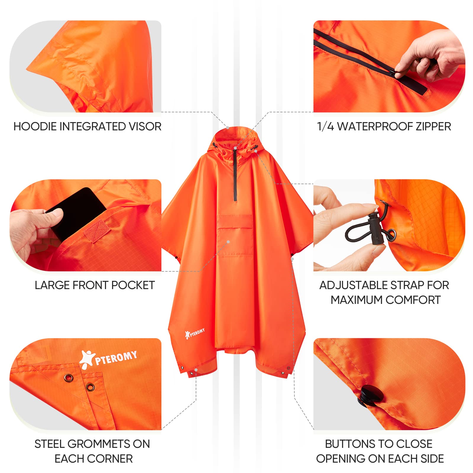 PTEROMY 3-in-1 Hooded Rain Poncho for Adult with Pocket, Waterproof Lightweight Unisex Raincoat for Hiking Camping Emergency