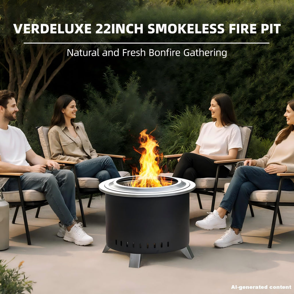Verdeluxe Smokeless Fire Pit,22 Inch Stainless Steel Firepit, Outdoor Wood Burning Fire Pit with Cover,Smokeless Firepits for Outside Backyard Patio Garden Camping Bonfire