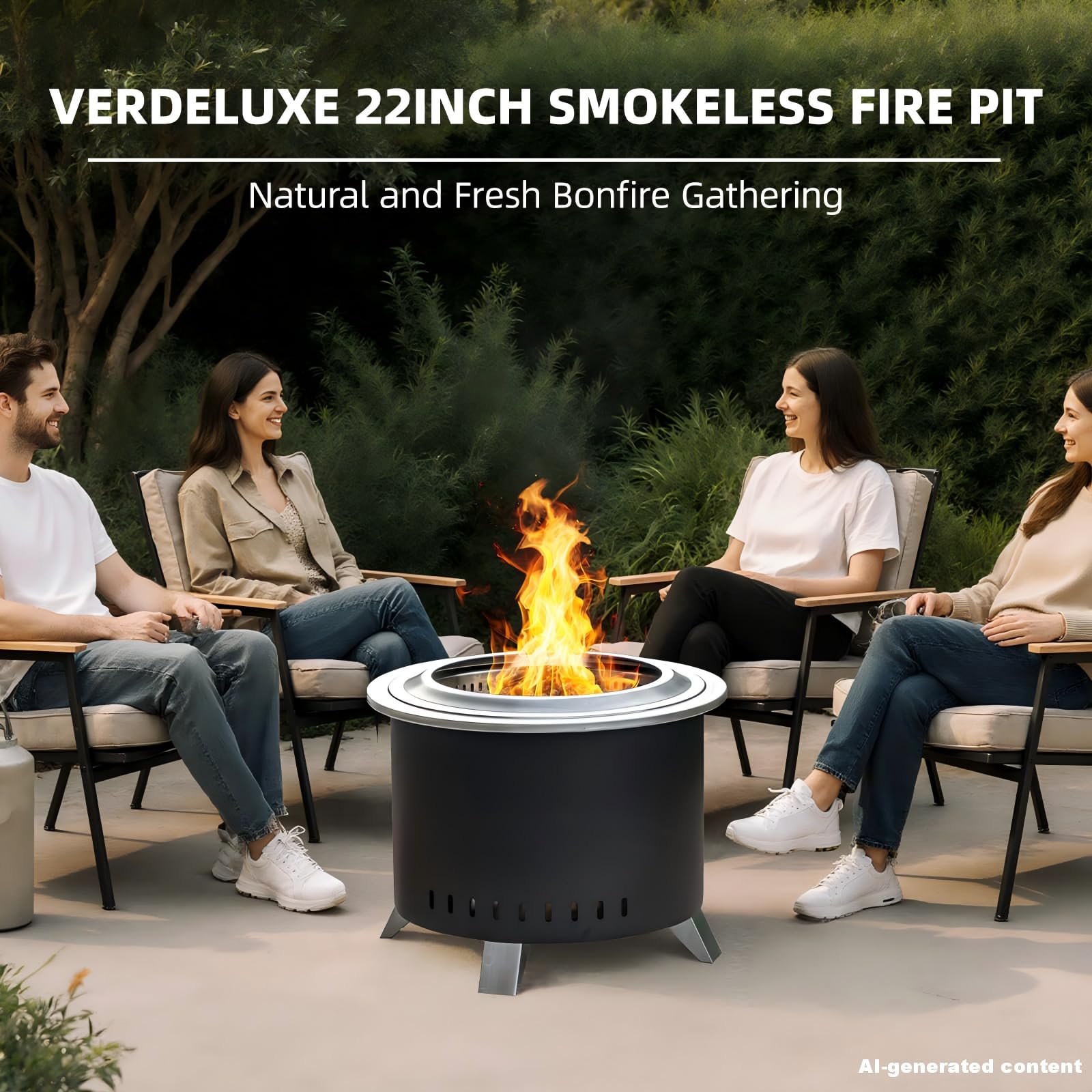 Verdeluxe Smokeless Fire Pit,22 Inch Stainless Steel Firepit, Outdoor Wood Burning Fire Pit with Cover,Smokeless Firepits for Outside Backyard Patio Garden Camping Bonfire