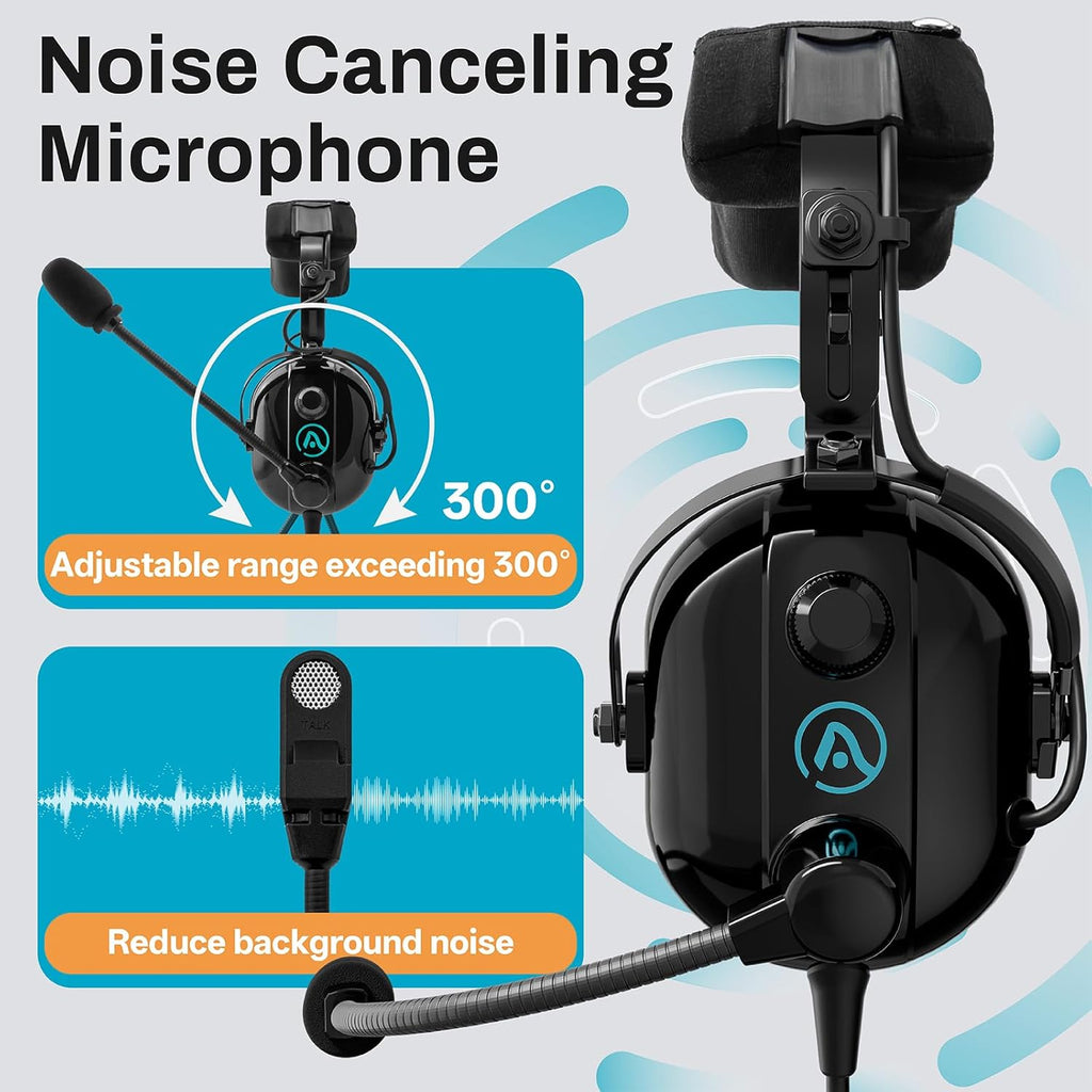 AIRVOICE Pilot Headset with Passive Noise Reduction, PNR General Aviation Headset with Comfortable Earpads and Noise Canceling Microphone, for Pilot, Flight School Student, Instructor