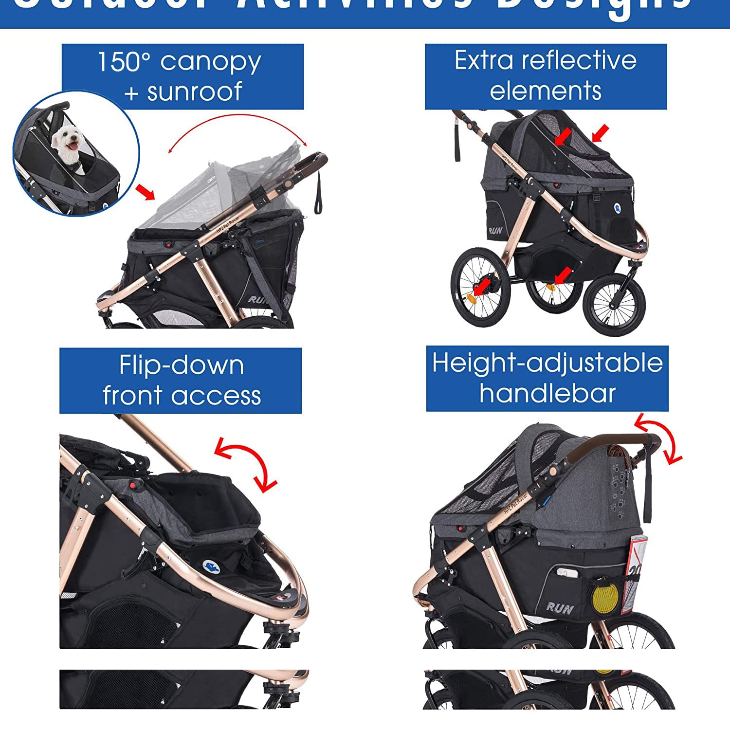 HPZ Pet Rover Run Performance Jogging Sports Stroller with Comfort Rubber Wheels/Zipper-Less Entry/1-Hand Quick Fold/Aluminum Frame for Small/Medium Dogs, Cats and Pets (Black)