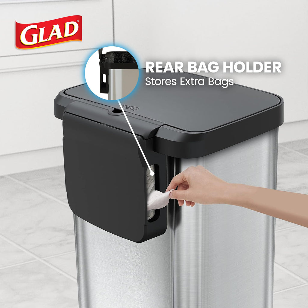 Glad 13 Gallon All Brushed Stainless Steel Trash Can with Clorox Odor Protection | Large Metal Kitchen Garbage Bin with Soft Close Lid, Garbage Bag Rings, Step On Foot Pedal and Waste Bag Roll Holder